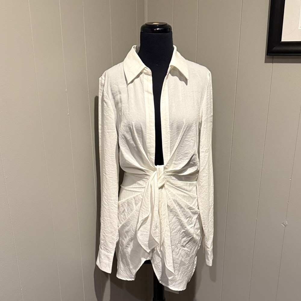 Choosy Preppy Shirt Open Front Elegant White Long Sleeve Knot Dress